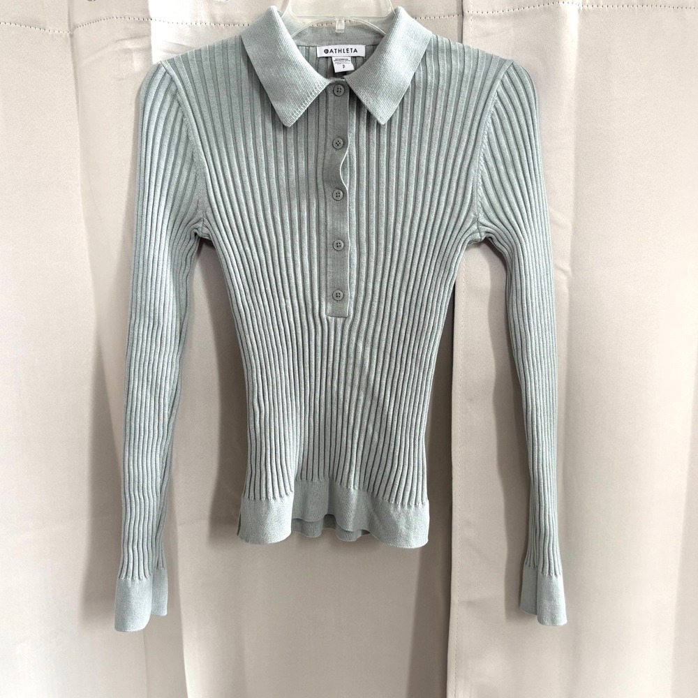 Athleta Women Sweater Top Small Mint Green Lyocell‎ Blend Ribbed Prep Y2K 18438x